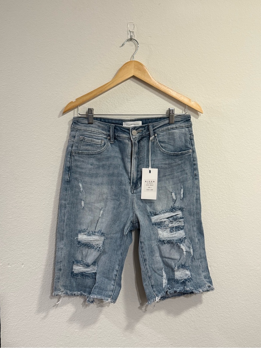 Risen Distressed Light Blue Denim Bermuda Shorts